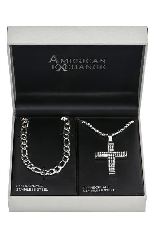 American Exchange Set Of 2 Figaro Chain & Pavé Crystal Cross Pendant Necklaces