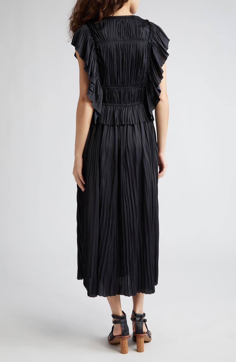 Ulla Johnson Letty Ruffle Detail Pleated Satin Dress, Alternate, color, Noir