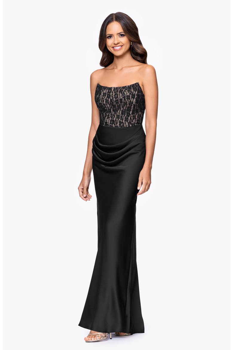 Strapless Lace & Satin Gown, Alternate, color, BLACK/ NUDE