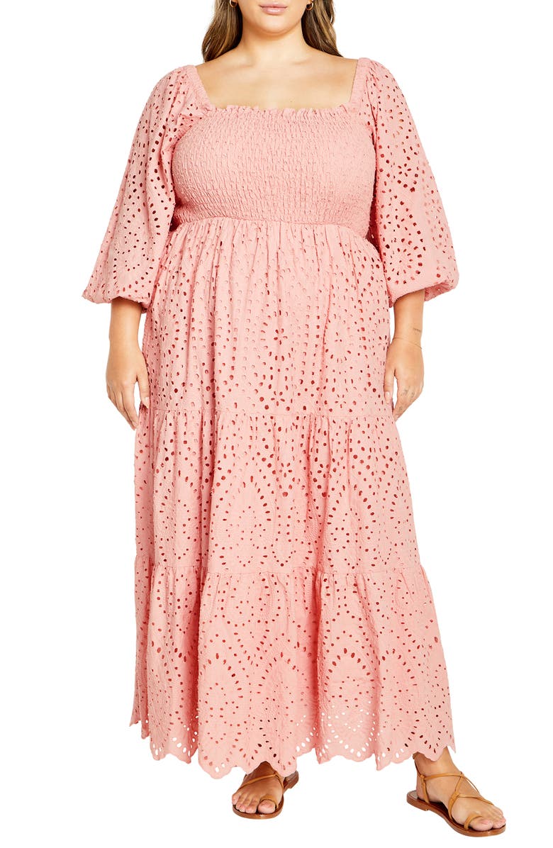 City Chic Eyelet Three-Quarter Sleeve Maxi Dress, Main, color, Peachy