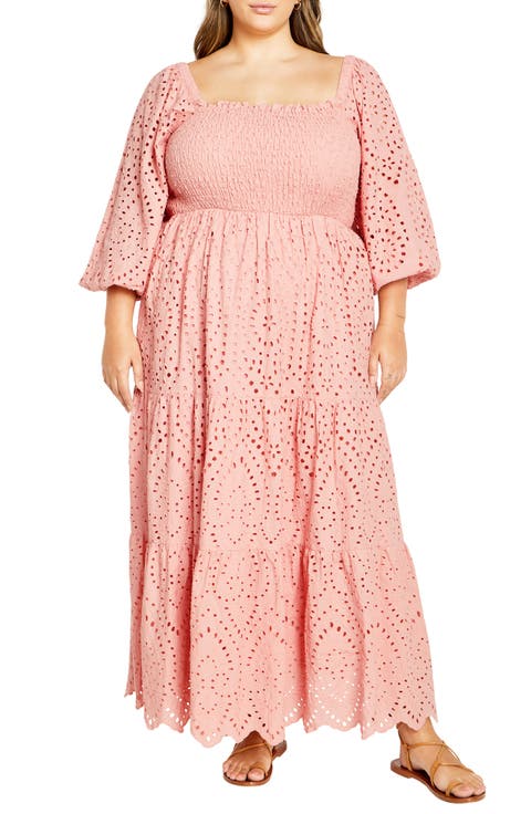 Eyelet Three-Quarter Sleeve Maxi Dress (Plus)