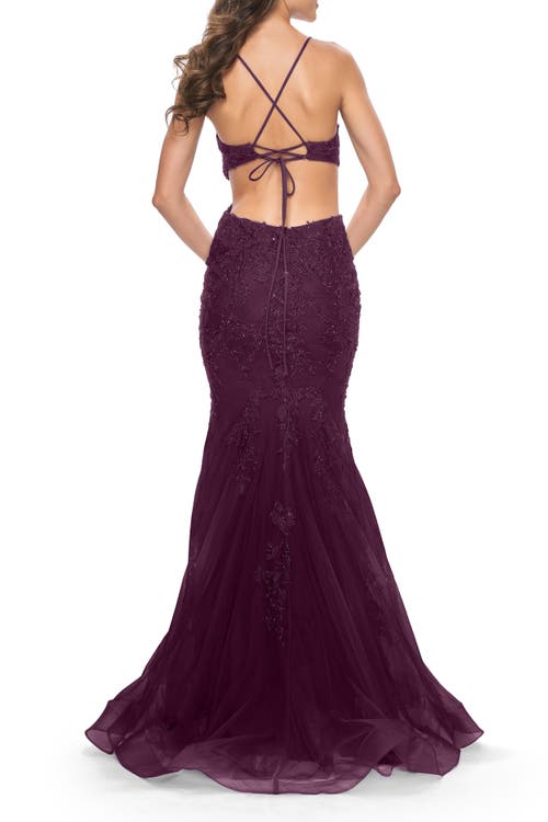 La Femme Lace And Tulle Mermaid Gown With Side Cut Outs In Dark Berry