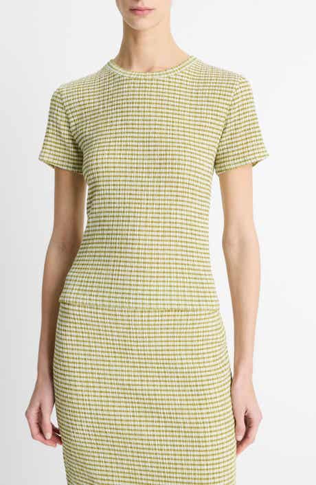 Vince Smocked Gingham T-Shirt