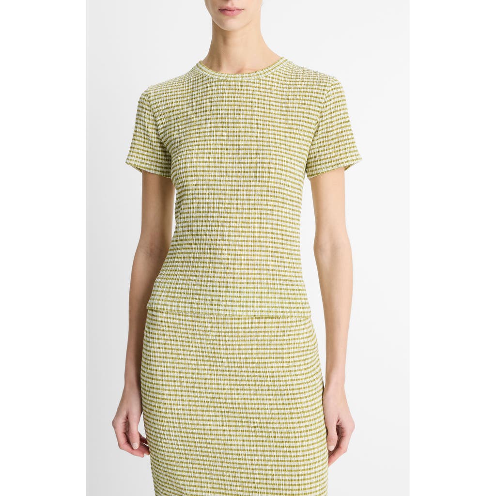 Vince Womens Gingham-print Seersucker Woven T-shirt Herbaria Combo In Herbaria Combo