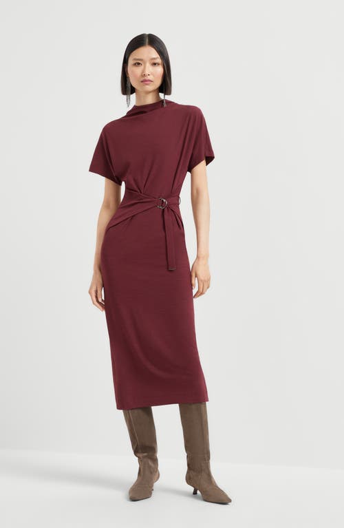 Brunello Cucinelli Drape Short-sleeve Wool Jersey Midi Wrap Dress In Burgundy