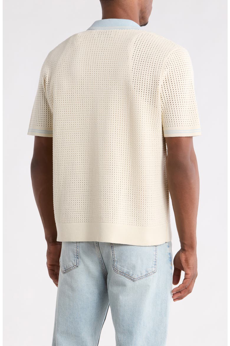 Belle Tipped Pointelle Stitch Short Sleeve Button-Up Shirt, Alternate, color, ECRU / PALE BLUE