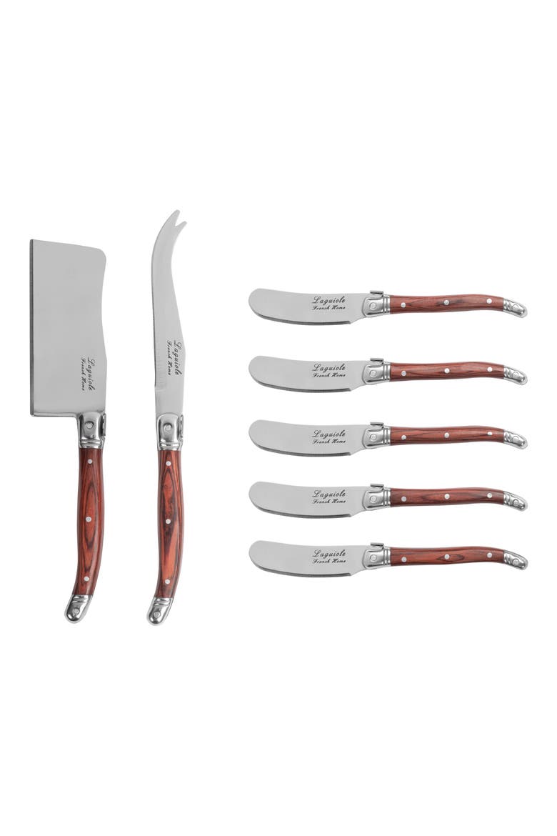 Laguiole 7-Piece Cheese Flatware Set, Main, color, PAKKAWOOD/ BROWN