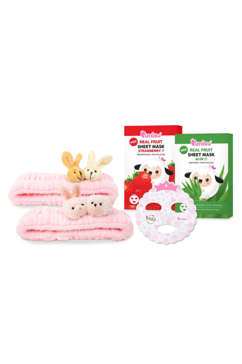 Kids Bunny Friends Sheet Mask & Spa Headband Gift Set, Main, color, Strawberry Aloe 14 sheets