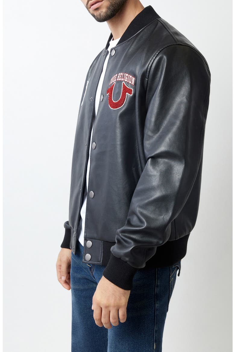 Faux Leather Varsity Jacket, Alternate, color, JET BLACK