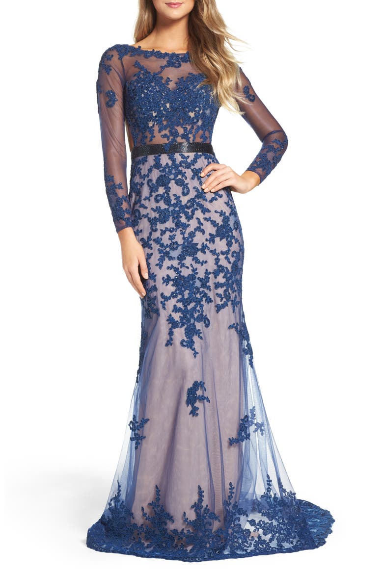Long Sleeve Open Back Embroidered Tulle Gown, Main, color, SAPPHIRE