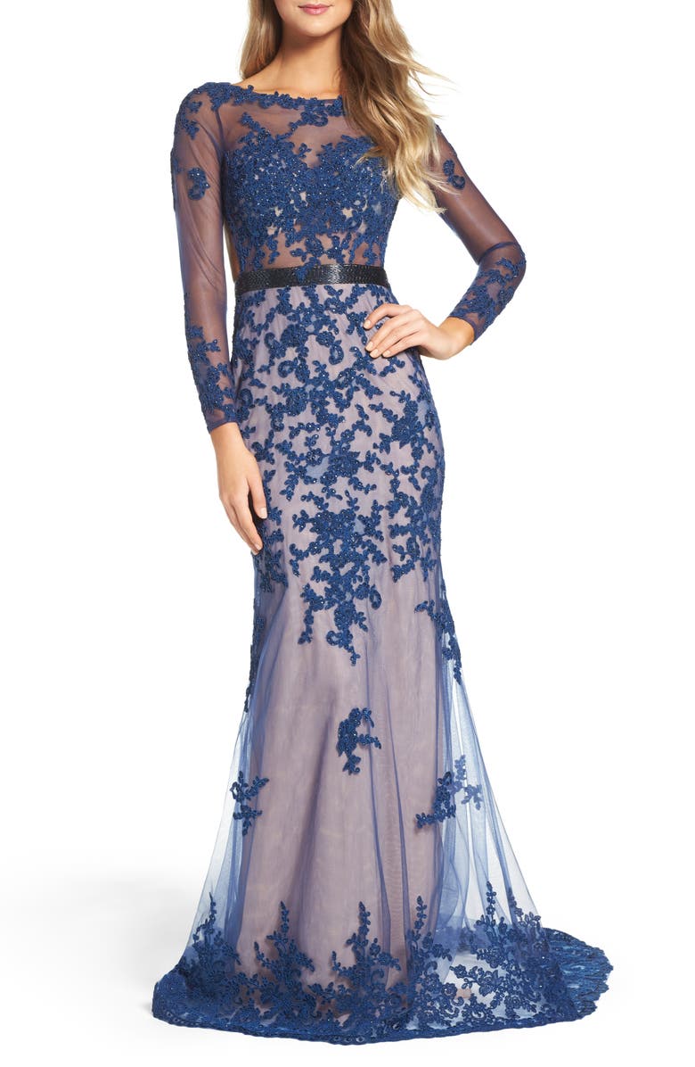Mac Duggal Long Sleeve Open Back Embroidered Tulle Gown, Main, color, 
