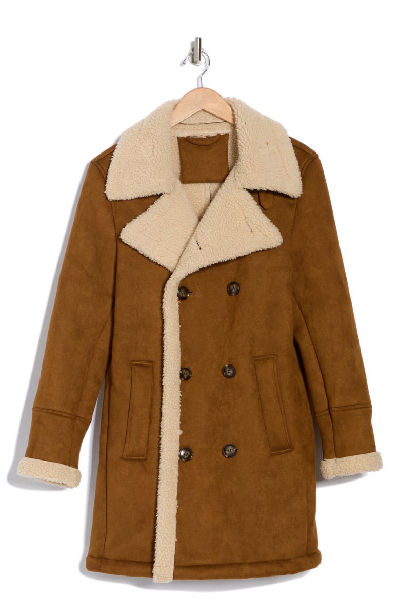 Braveman Faux Shearling Lined Double-Breasted Overcoat, Alternate, color, Cognac