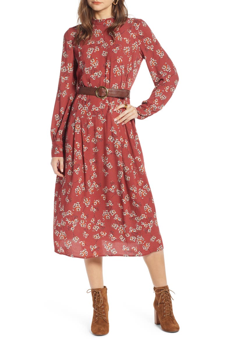 Femme Midi Dress, Main, color, RED RUSSET BAMBOO FLORAL