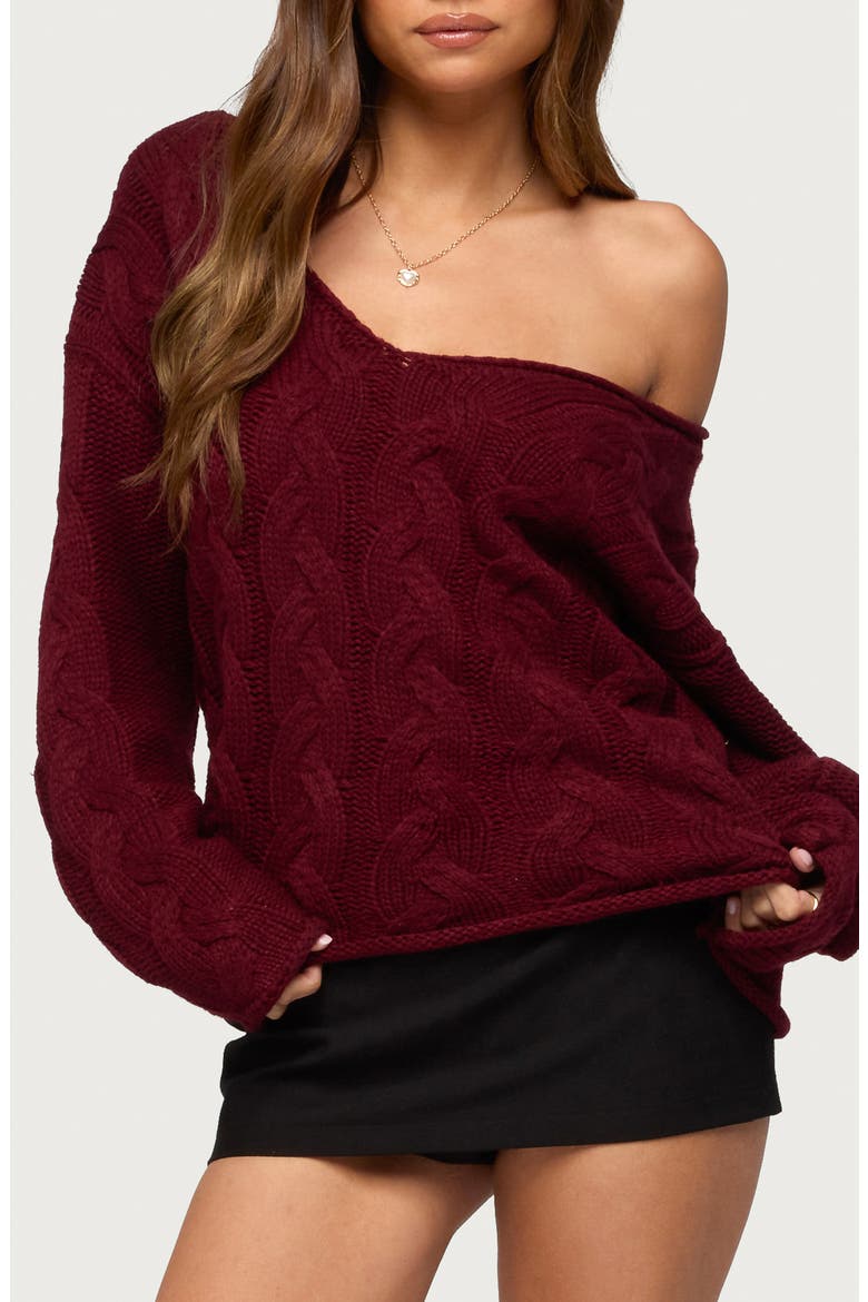 Inga Oversize V-Neck Cable Sweater, Main, color, BURGUNDY