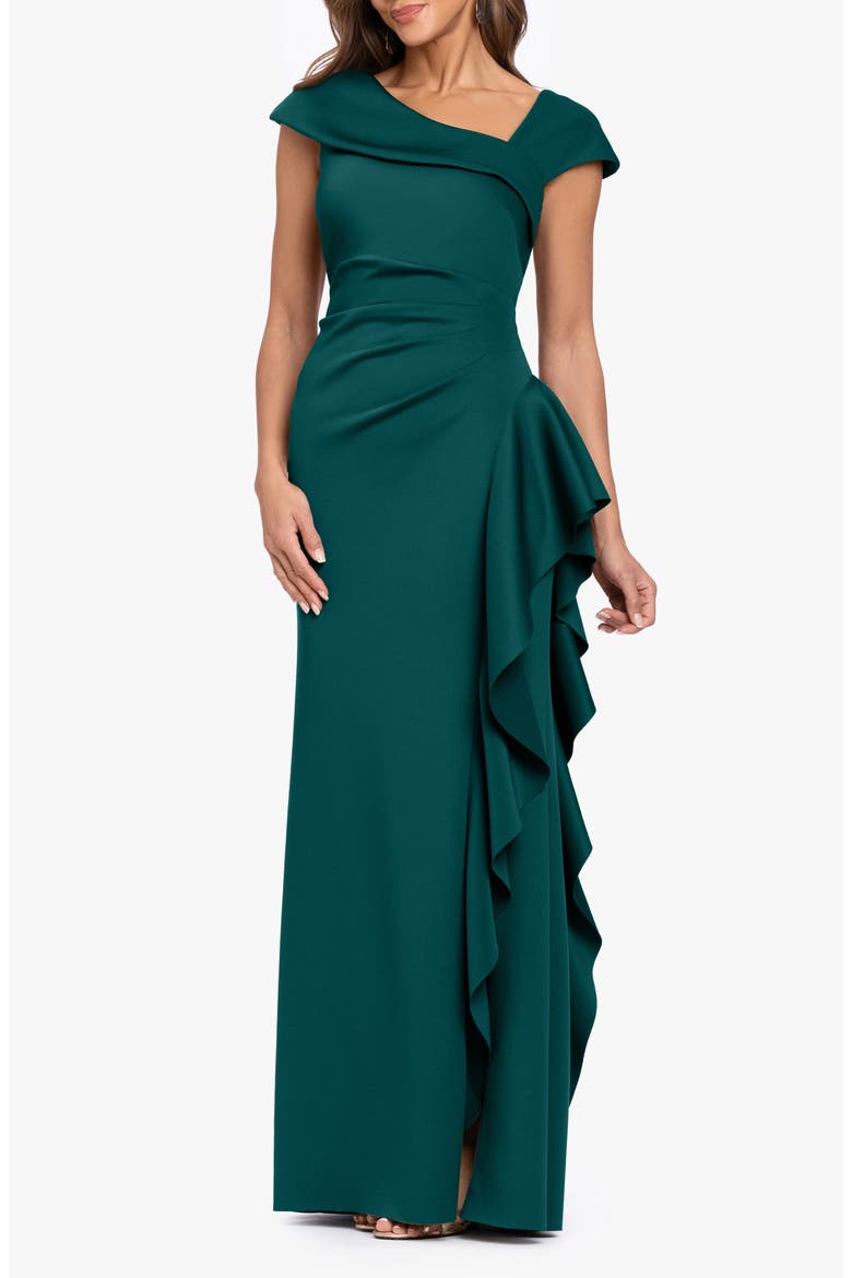 Asymmetric Neck Scuba Knit Trumpet Gown, Alternate, color, HUNTER