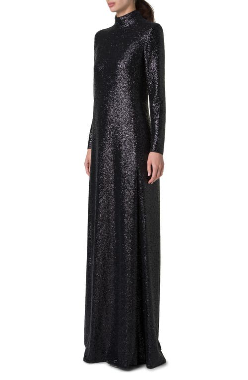 Akris Sequin Mock Neck Long Sleeve Gown In Black
