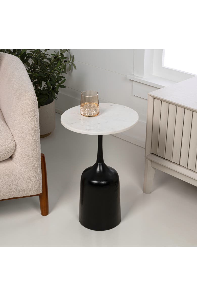 Pip Modern Metal Pedestal Drink Table with Marble Round Top, Bell-Shaped Base Accent Table for Living Room, Alternate, color, Antique Black