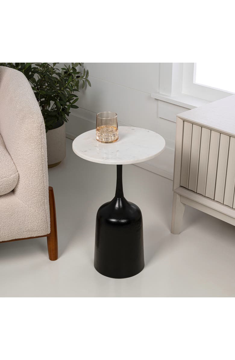 JONATHAN Y Pip 20.25" Classic Designer Metal Drink Table and Decorative End Table with White Marble Round Top and Bell Pedestal Base, Alternate, color, Antique Black