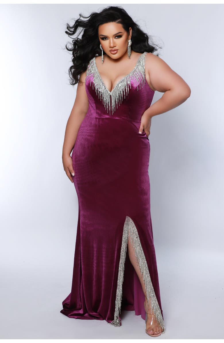 Johnathan Kayne for Sydney's Closet V-neck Rhinestone Fringe Velvet Plus Size Evening Gown, Main, color, Purple