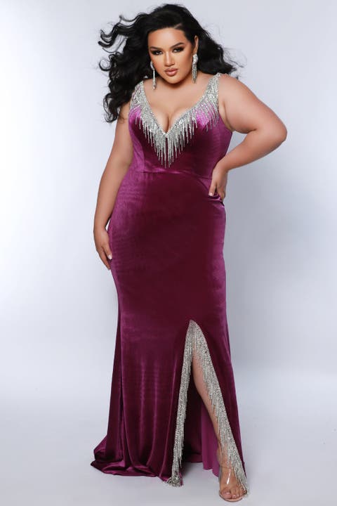 V-neck Rhinestone Fringe Velvet Plus Size Evening Gown