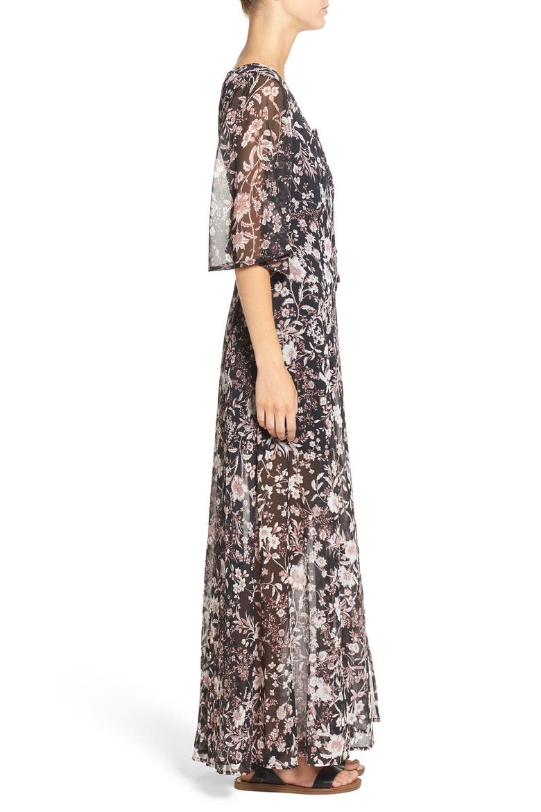 Floral Print Sheer Maxi Dress, Alternate, color, BLACK/ TAUPE