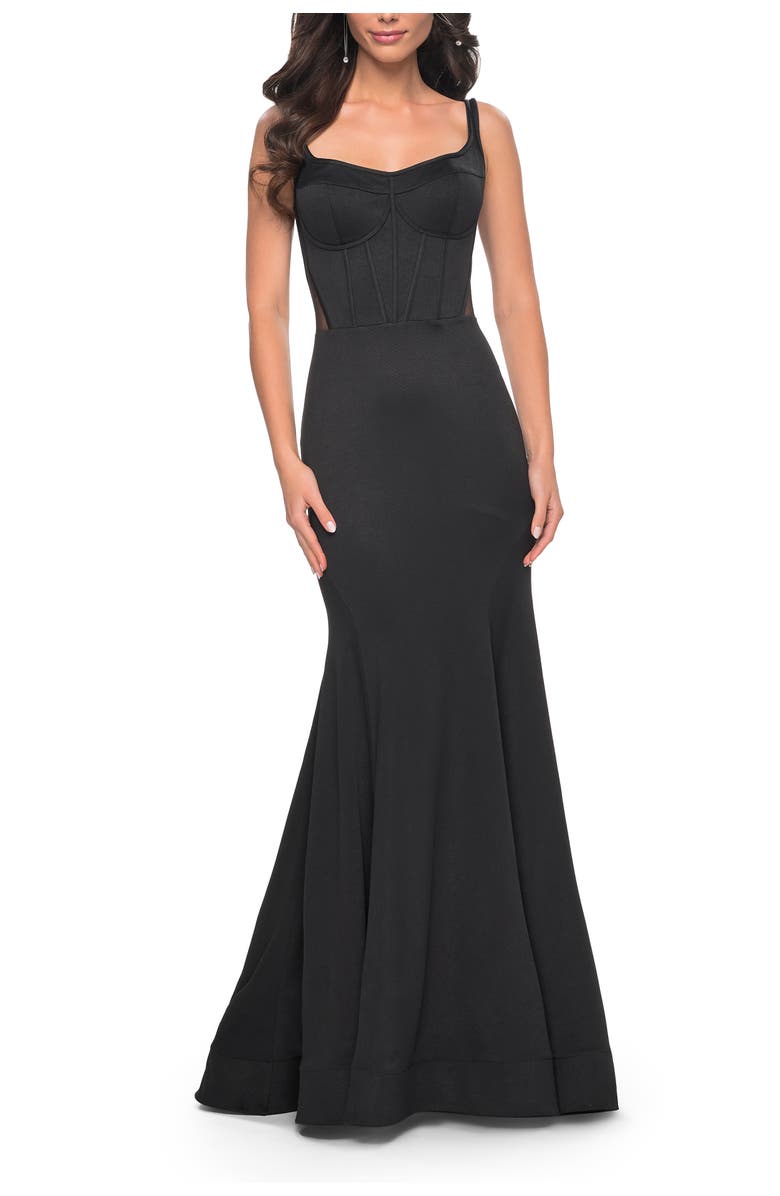 La Femme Mermaid Jersey Gown with Bustier Top and Lace Up Back, Alternate, color, Black