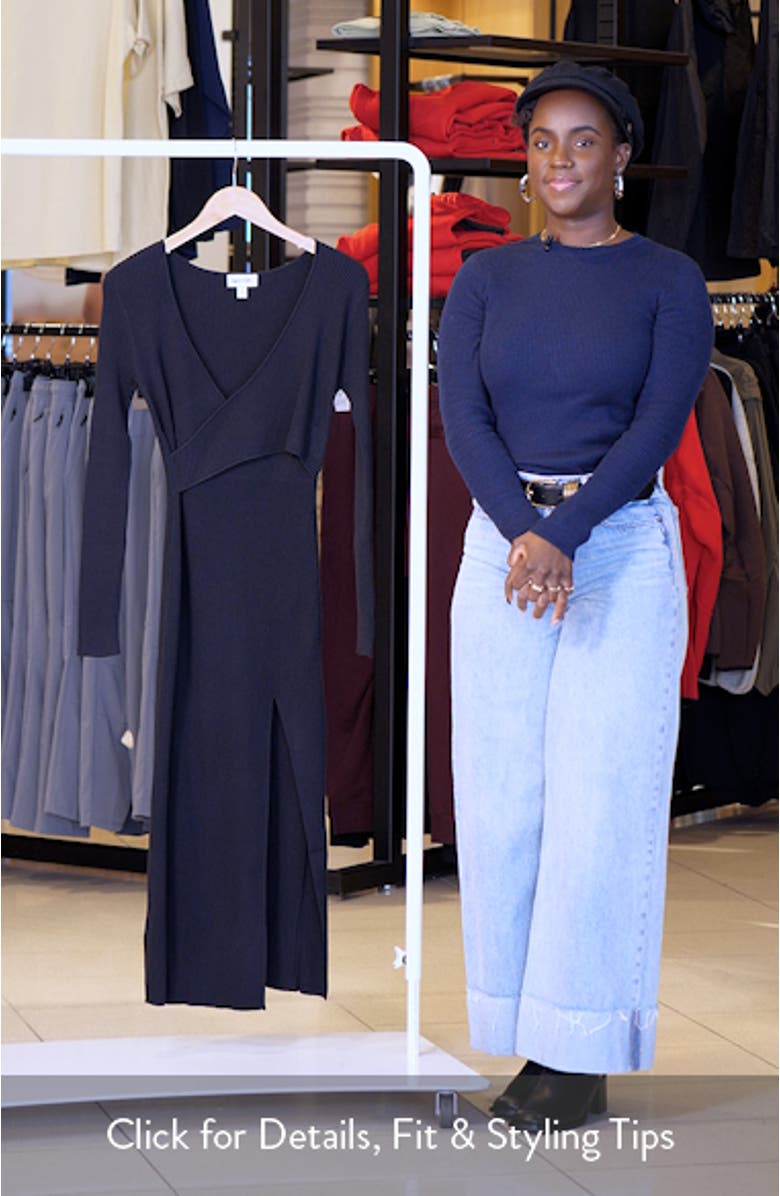 Luxe Long Sleeve Sculpt Rib Faux-Wrap Dress, sales video thumbnail