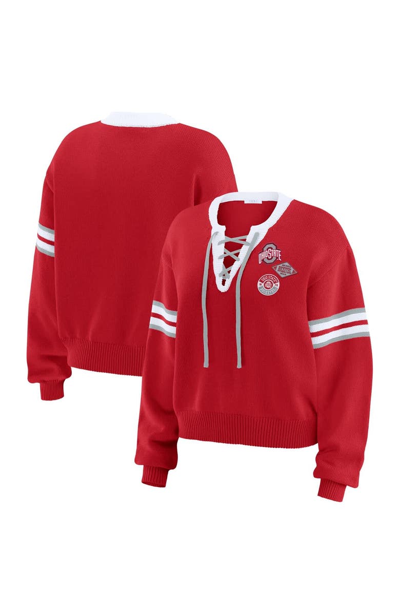 WEAR by Erin Andrews Women's WEAR by Erin Andrews Scarlet Ohio State Buckeyes Lace-Up Pullover Sweater, Main, color, Scarlet