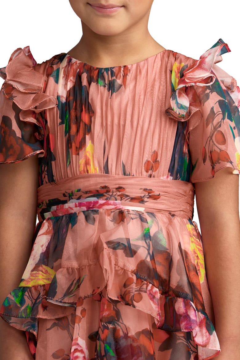 Girls High Neck Ruffle High Low Chiffon Gown, Alternate, color, Rose Multi