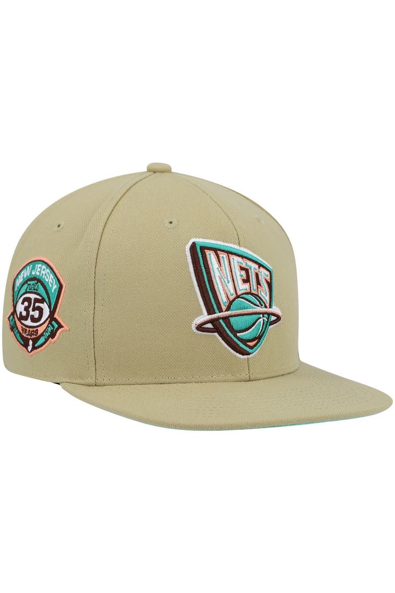 Men's Mitchell & Ness Khaki New Jersey Nets 35th Anniversary Hardwood Classics Malibu Sunrise Fitted Hat, Alternate, color, Khaki