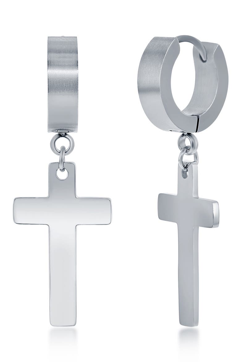 Men's Cross Huggie Hoop Earrings, Main, color, SILVER