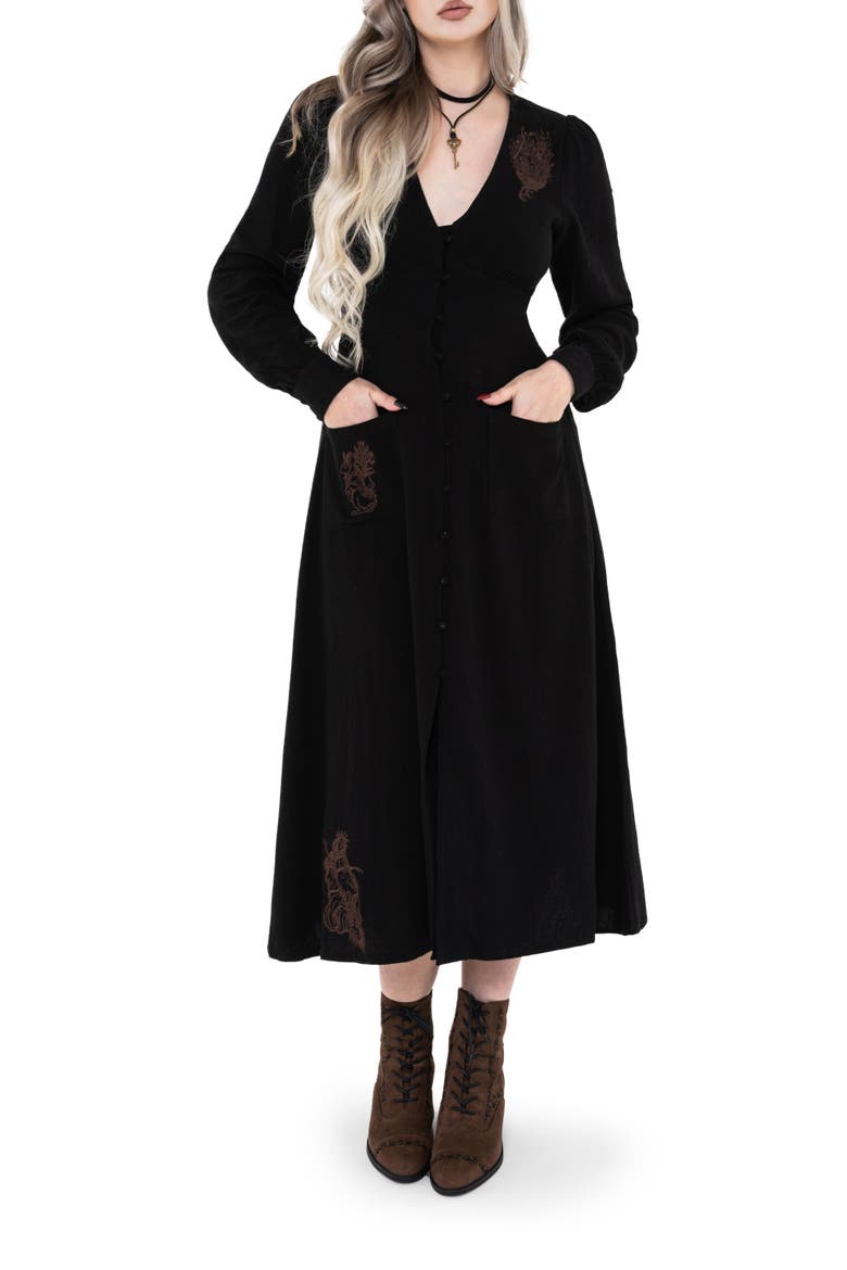 Hexborn Linen-blend Baba Yaga Midi Dress, Main, color, Black