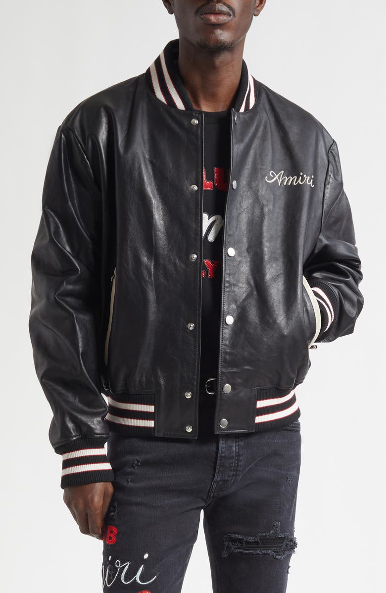 AMIRI Club Amiri Embroidered Leather Varsity Jacket, Main, color, Black