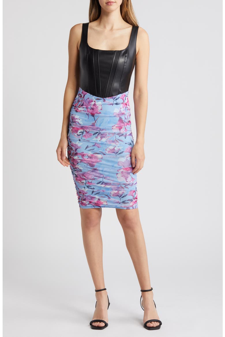 Mixed Media Faux Leather Corset Dress, Main, color, BLACK