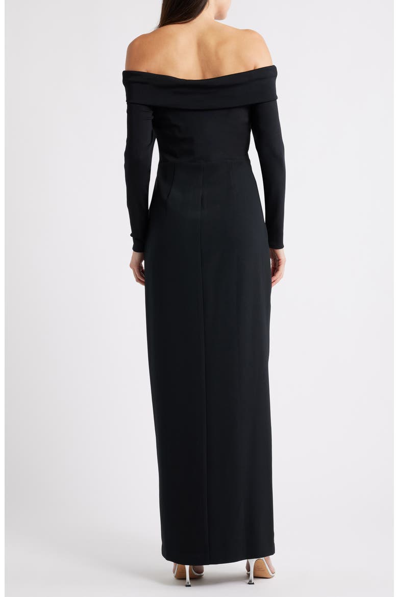 Off the Shoulder Long Sleeve Rib & Crepe Gown, Alternate, color, BLACK