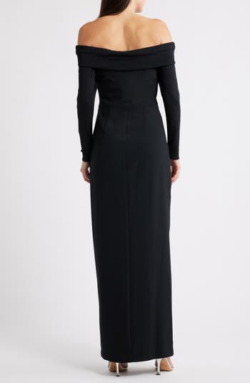 Off the Shoulder Long Sleeve Rib & Crepe Gown