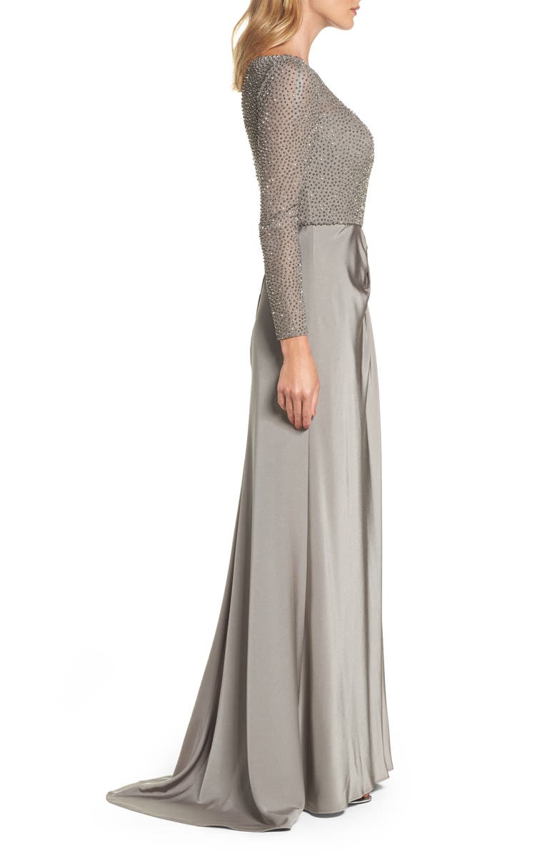 La Femme Long Sleeve Beaded Column Gown, Alternate, color, 