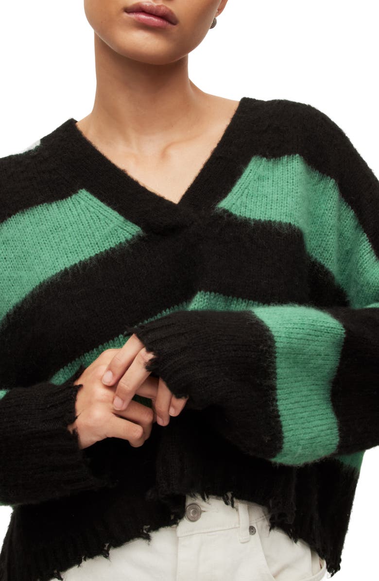 AllSaints Lou Stripe Crop Sweater, Alternate, color, Black/ Apple Green