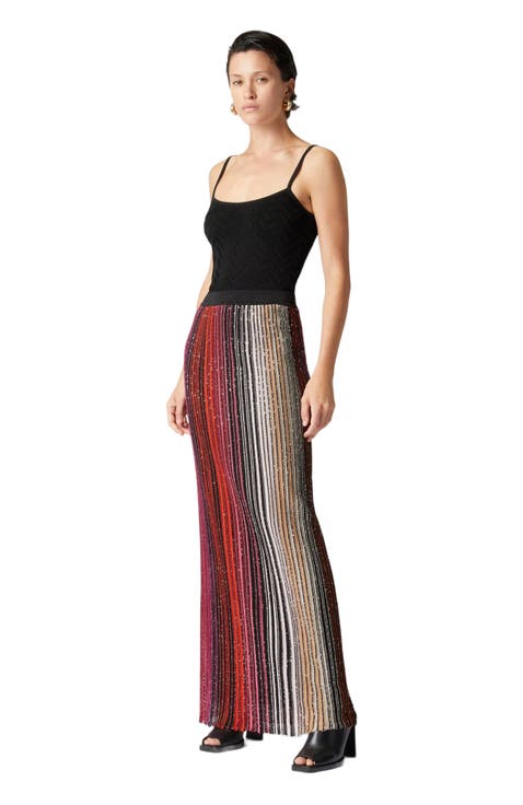 Striped Partial Long Skirt With Sequins
