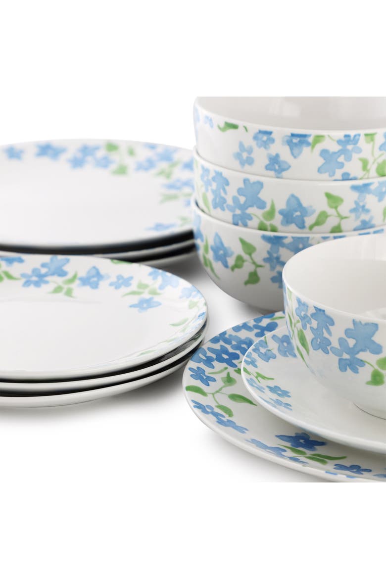12 Piece Fine Ceramic Dinnerware Set in Blue Floral, Alternate, color, Blue