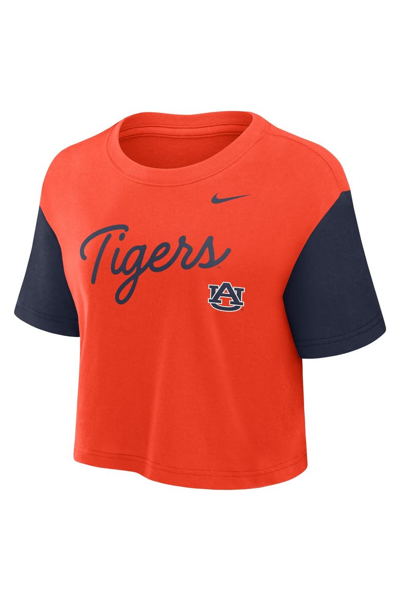 Women's Nike Orange/Navy Auburn Tigers Color-Block Script Cropped T-Shirt, Alternate, color, Orange