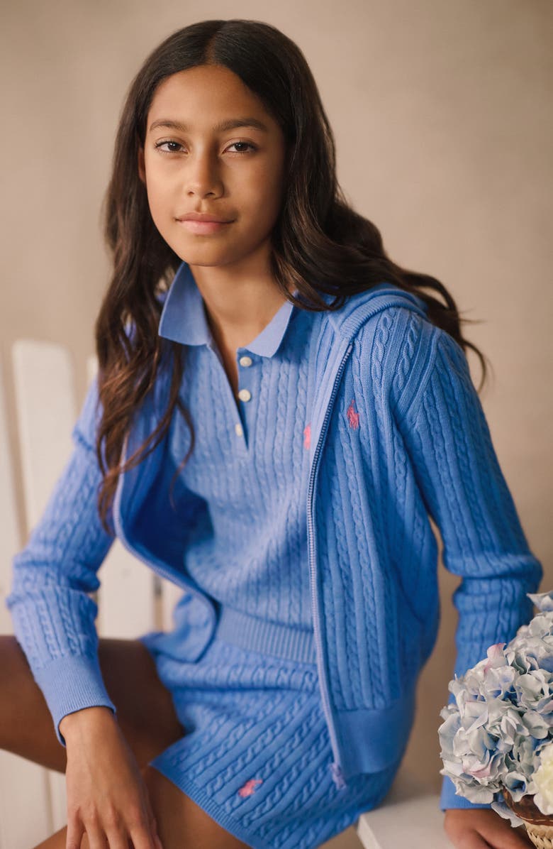 Ralph Lauren Kids' Mini Cable Cotton Hooded Zip-Up Cardigan, Alternate, color, 