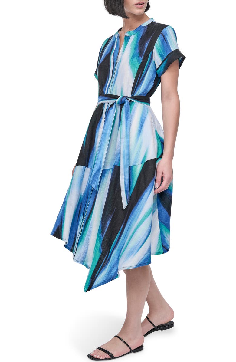 DKNY Print Tie Waist Linen Midi Dress, Alternate, color, Caribbean