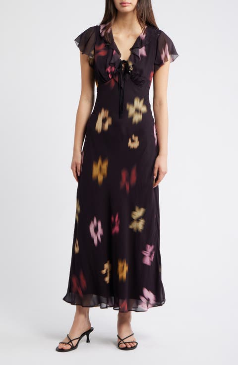 Neela Blurred Floral Ruffle Maxi Dress
