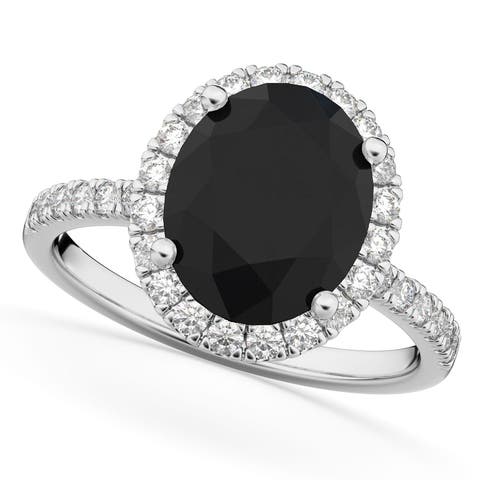 Oval Black Diamond & Diamond Engagement Ring 14K
