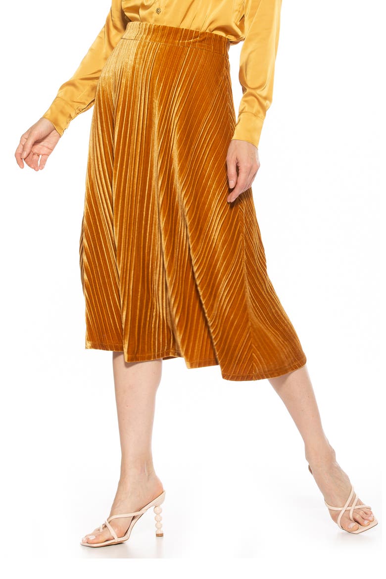 Alania Pleated Velvet Midi Skirt, Main, color, GOLDEN