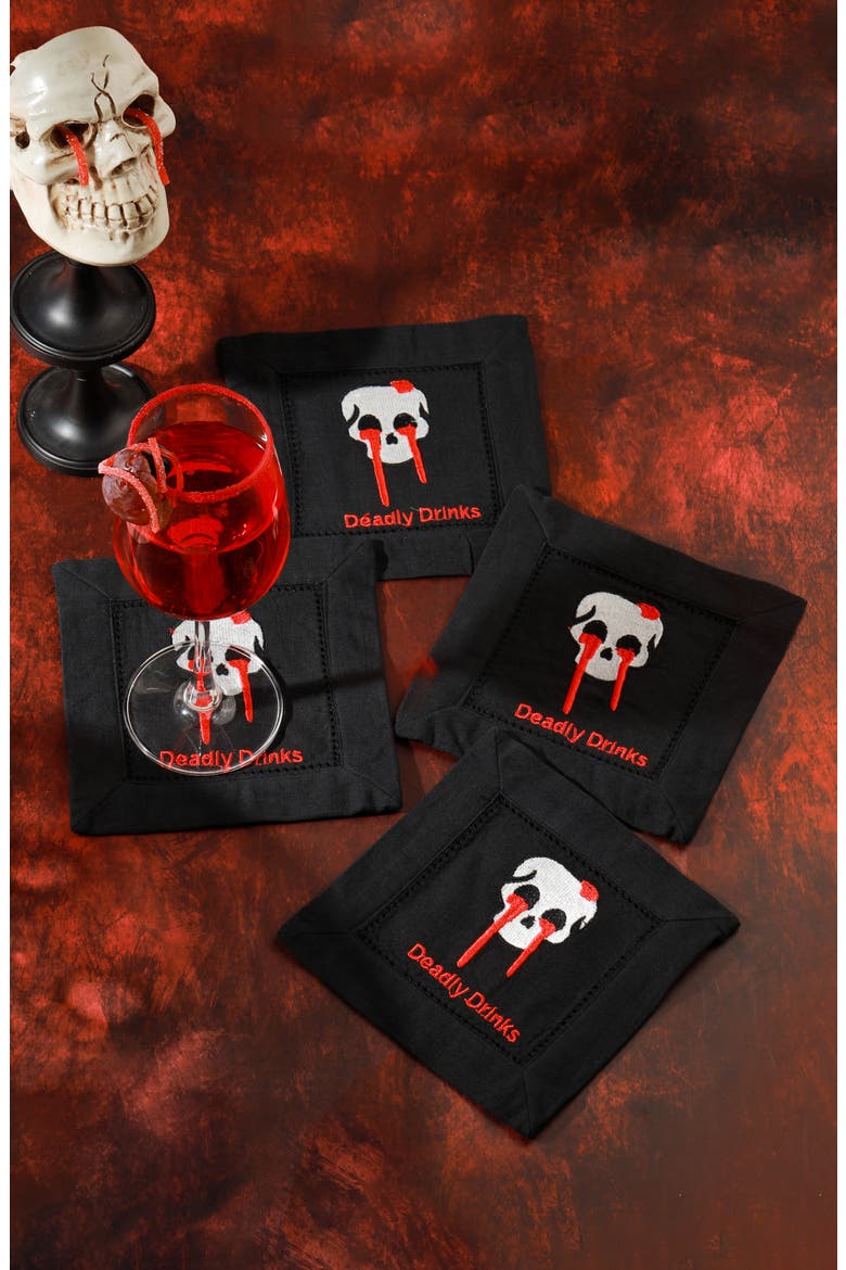 Deadly Drinks Embroidered Linen Cocktail Napkins, Alternate, color, BLACK/ RED