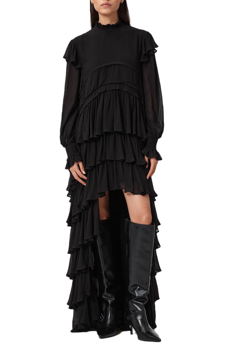 AllSaints Cavarly Ruffle Long Sleeve Maxi Dress, Main, color, Black