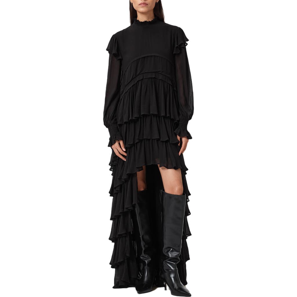 Allsaints Cavarly Ruffle Long Sleeve Maxi Dress In Black