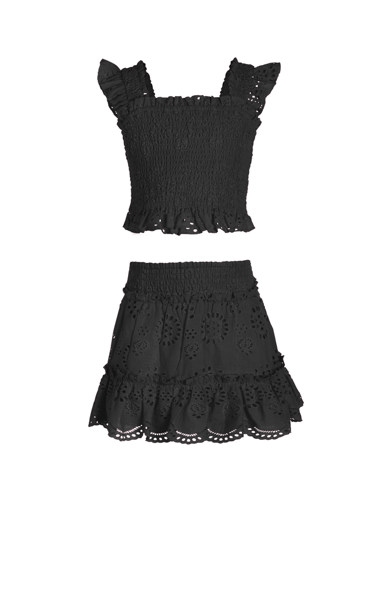 Change of Scenery Kayla Smocked Bodice Top & Ruffle Eyelet Skirt Set, Main, color, Black Eyelet